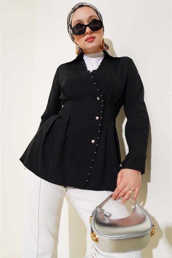 Pearl Detailed Waist Pleated Shirt Black