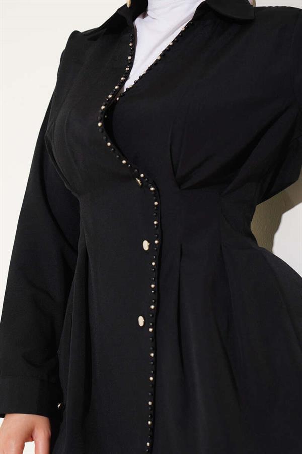 Pearl Detailed Waist Pleated Shirt Black