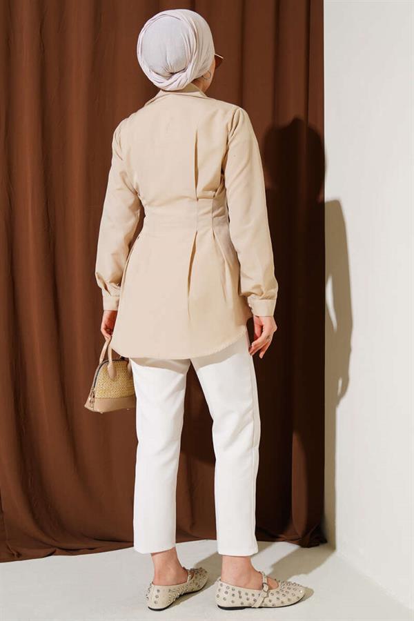 Pearl Detailed Waist Pleated Shirt Stone