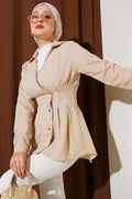 Pearl Detailed Waist Pleated Shirt Stone