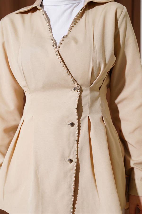 Pearl Detailed Waist Pleated Shirt Stone