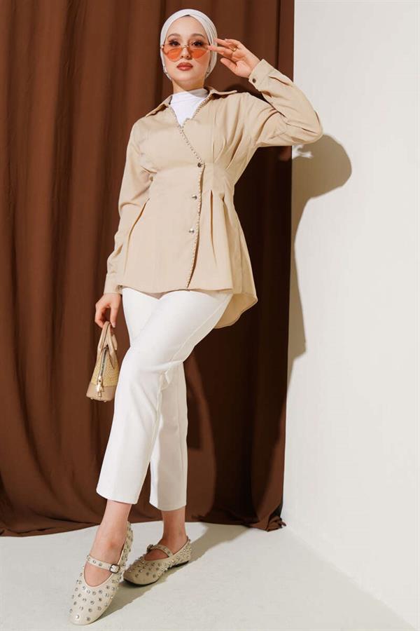 Pearl Detailed Waist Pleated Shirt Stone
