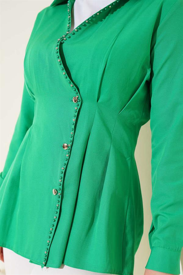 Pearl Detailed Waist Pleated Shirt Green
