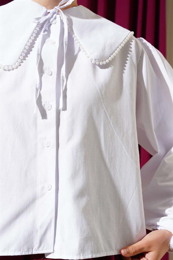 Pearl Detailed Sailor Collar Short Shirt White