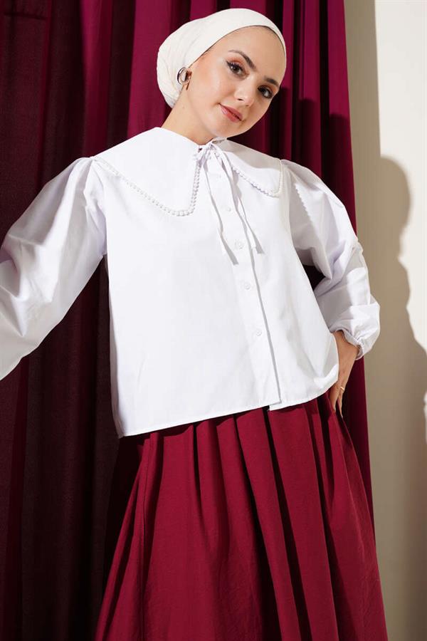 Pearl Detailed Sailor Collar Short Shirt White