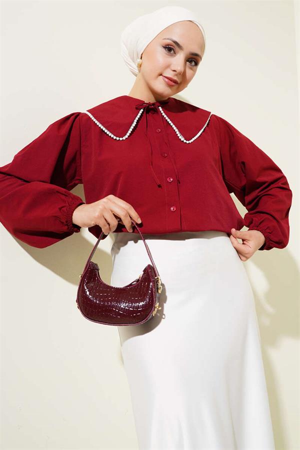 Pearl Detailed Sailor Collar Short Shirt Claret Red