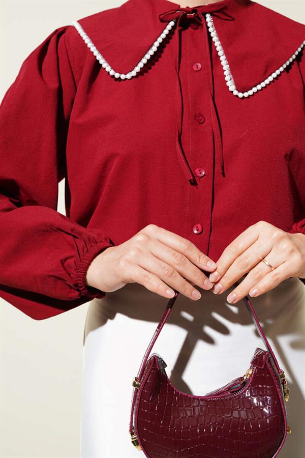 Pearl Detailed Sailor Collar Short Shirt Claret Red