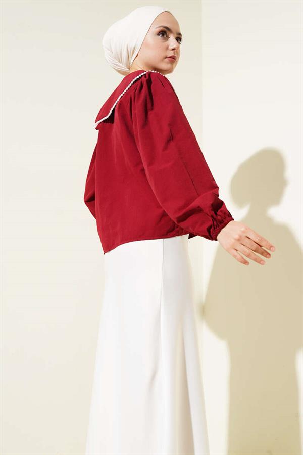 Pearl Detailed Sailor Collar Short Shirt Claret Red