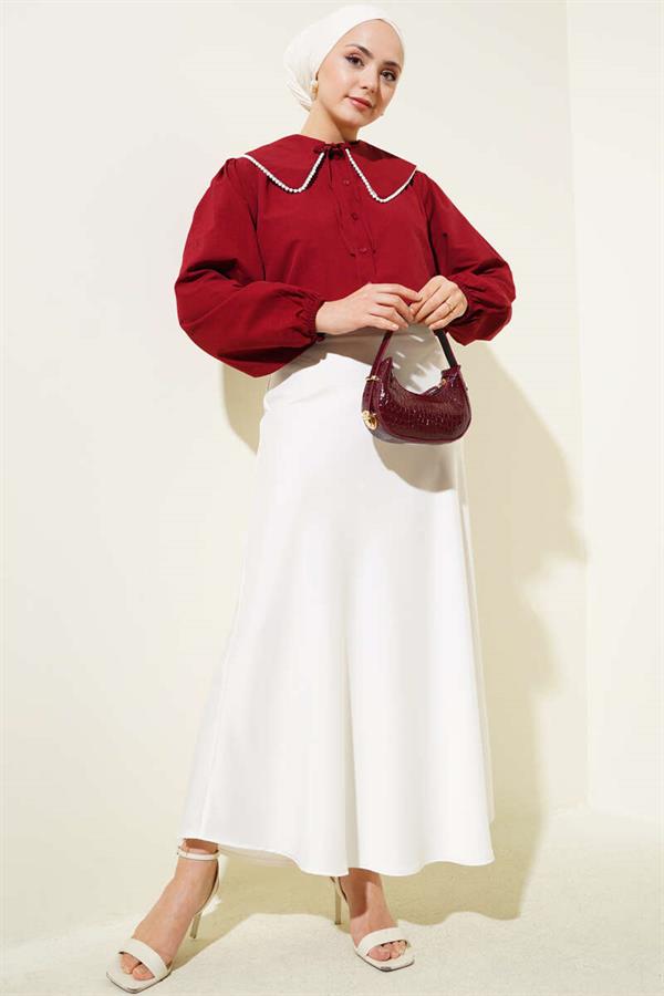 Pearl Detailed Sailor Collar Short Shirt Claret Red
