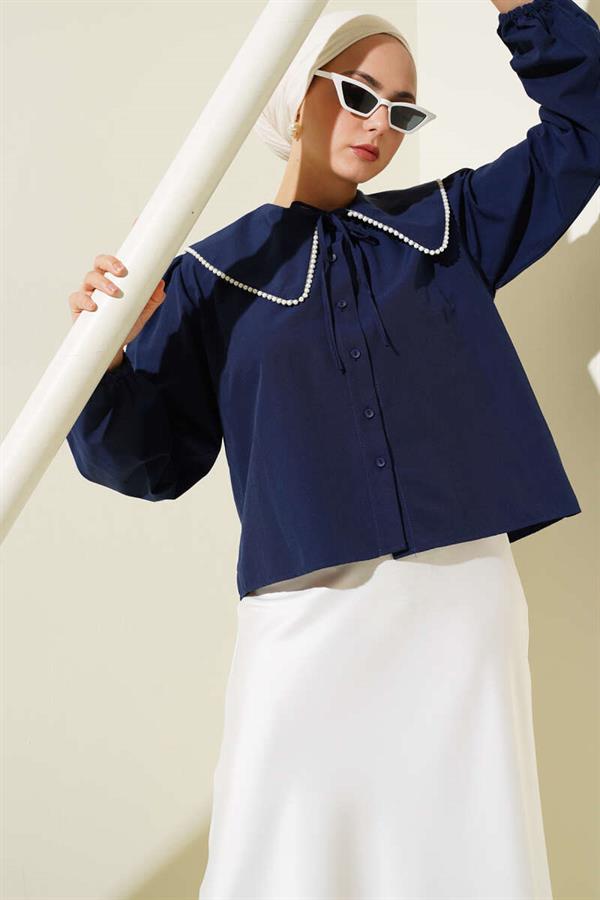 Pearl Detailed Sailor Collar Short Shirt Navy Blue