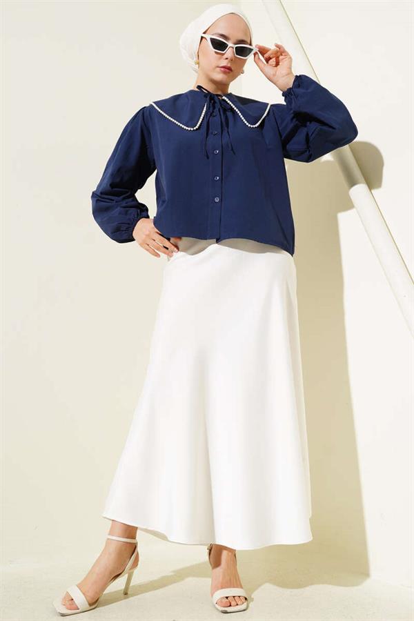 Pearl Detailed Sailor Collar Short Shirt Navy Blue