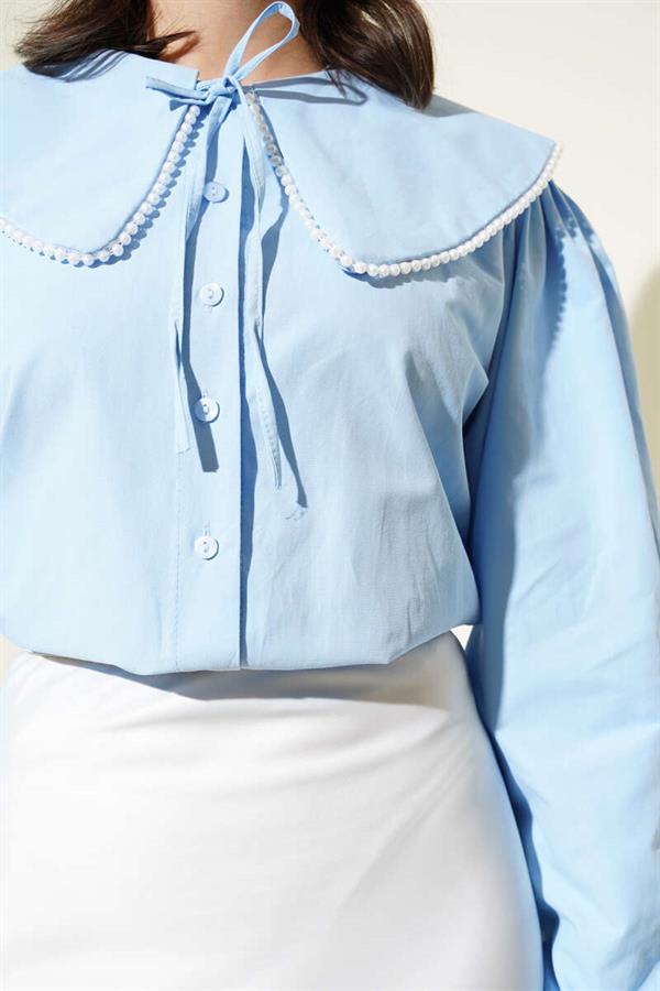 Pearl Detailed Sailor Collar Short Shirt Blue