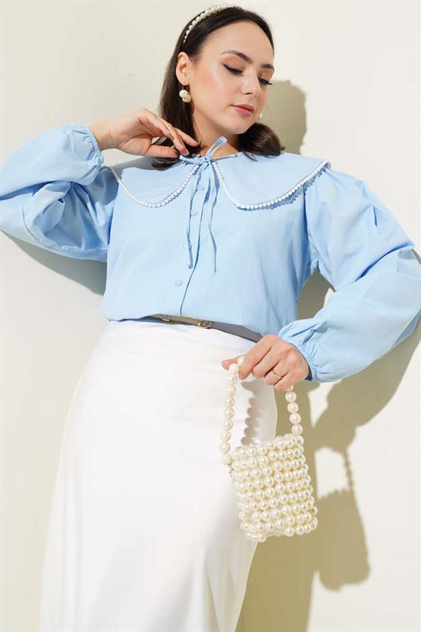 Pearl Detailed Sailor Collar Short Shirt Blue