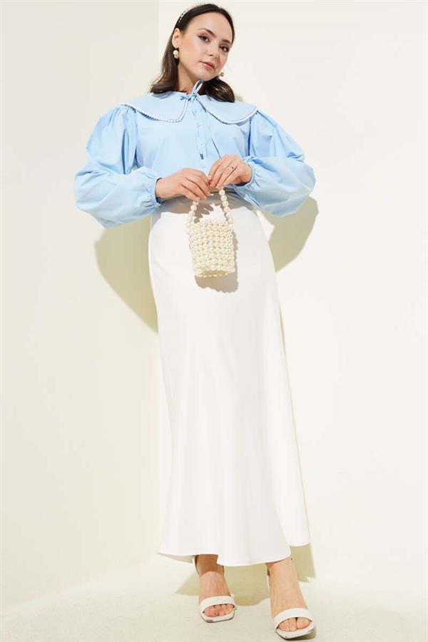 Pearl Detailed Sailor Collar Short Shirt Blue