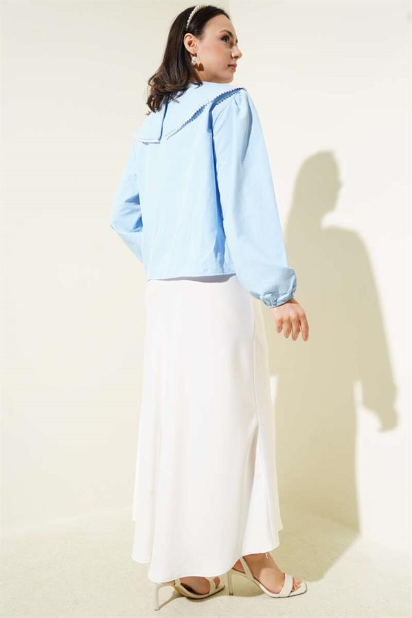 Pearl Detailed Sailor Collar Short Shirt Blue