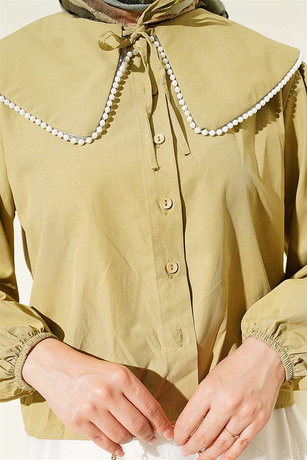 Pearl Detail Sailor Collar Short Shirt, Navy Blue