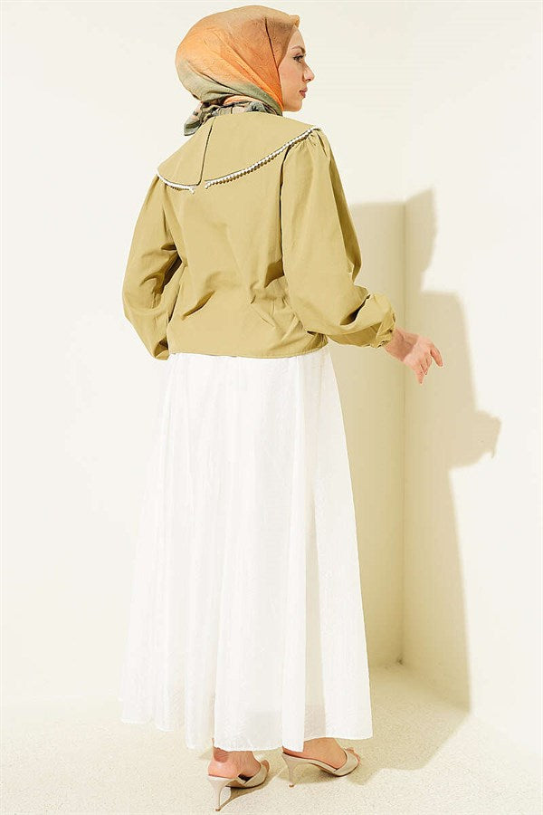 Pearl Detail Sailor Collar Short Shirt, Navy Blue