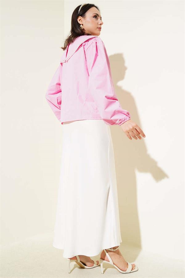 Pearl Detailed Sailor Collar Short Shirt Pink