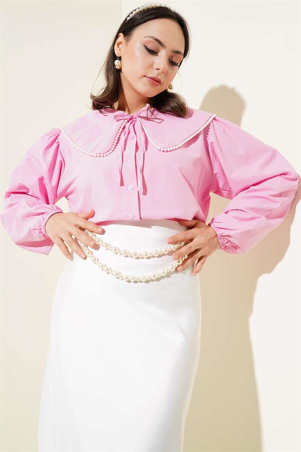 Pearl Detailed Sailor Collar Short Shirt Pink