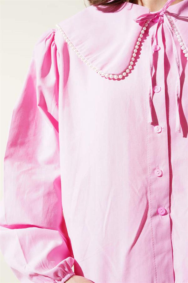 Pearl Detailed Sailor Collar Short Shirt Pink