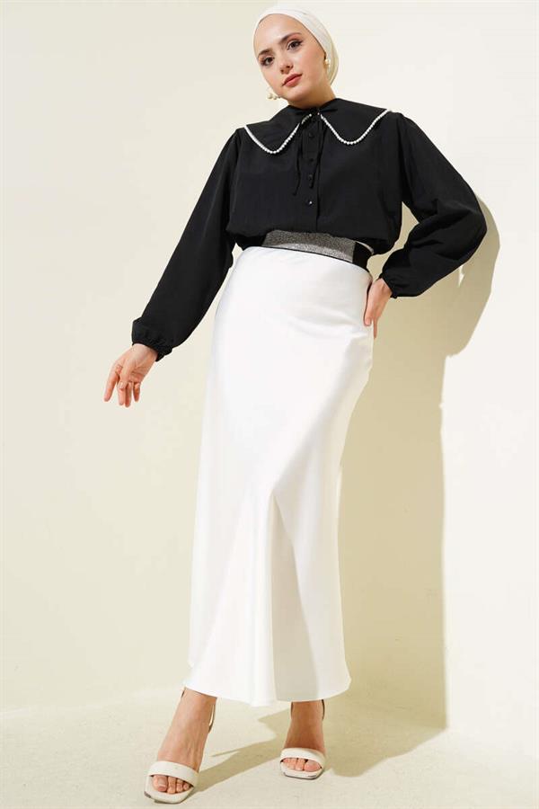 Pearl Detailed Sailor Collar Short Shirt Black