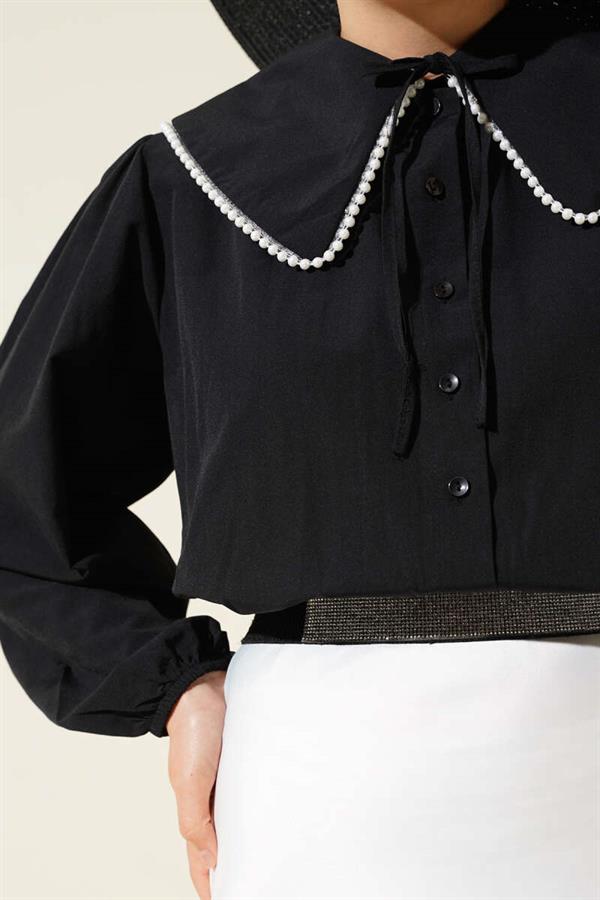 Pearl Detailed Sailor Collar Short Shirt Black