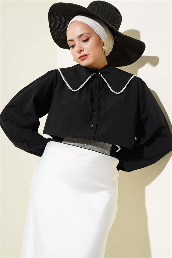 Pearl Detailed Sailor Collar Short Shirt Black