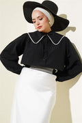 Pearl Detailed Sailor Collar Short Shirt Black