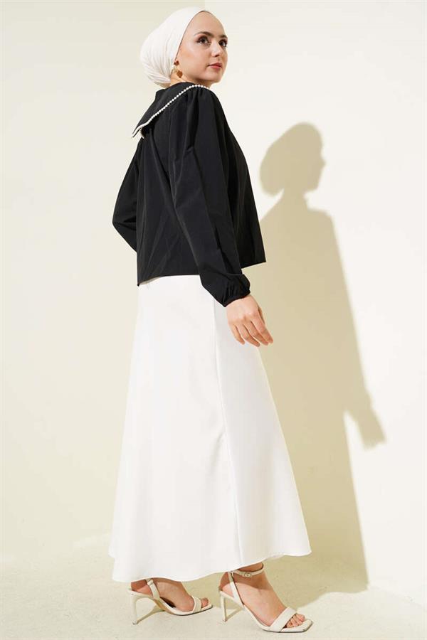 Pearl Detailed Sailor Collar Short Shirt Black