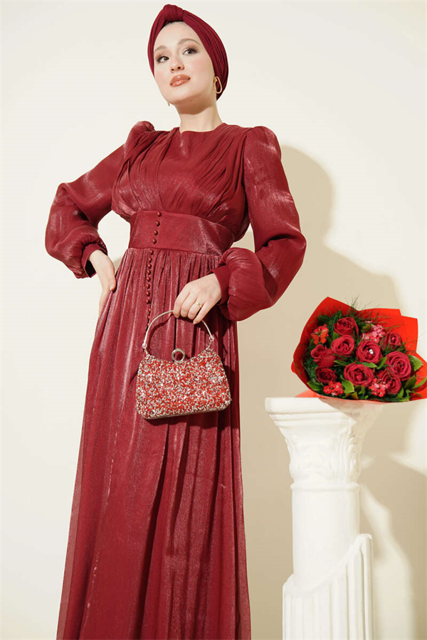 Pearl-Detailed Draped Evening Dress in Burgundy