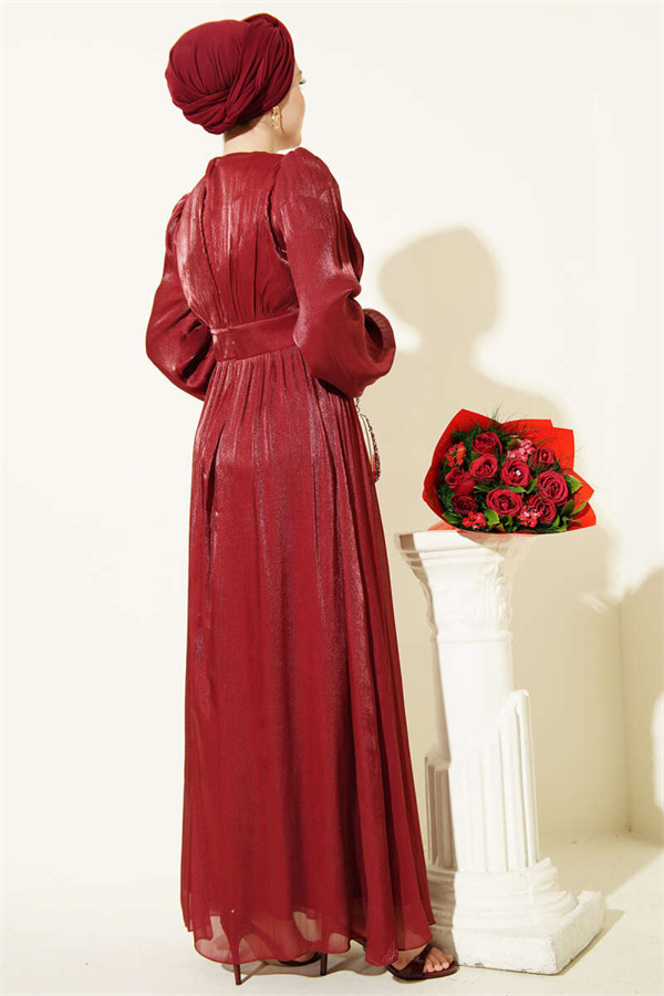 Pearl-Detailed Draped Evening Dress in Burgundy