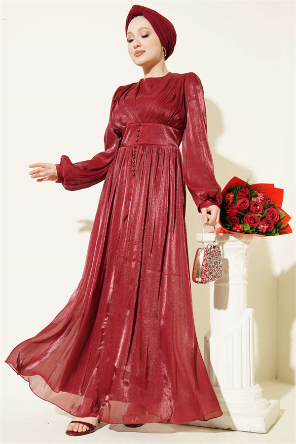 Pearl-Detailed Draped Evening Dress in Burgundy