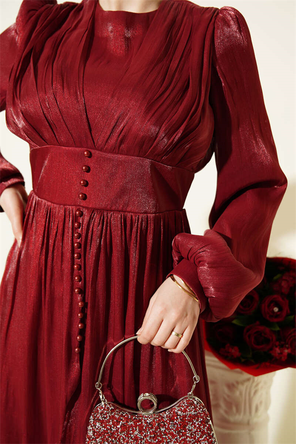 Pearl-Detailed Draped Evening Dress in Burgundy