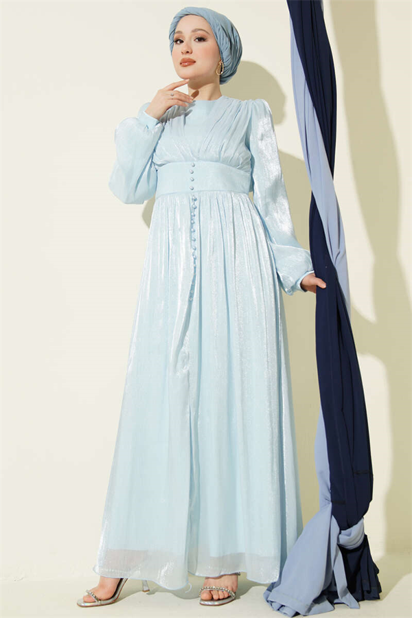 Pearl-Detailed Draped Evening Dress Ice Blue