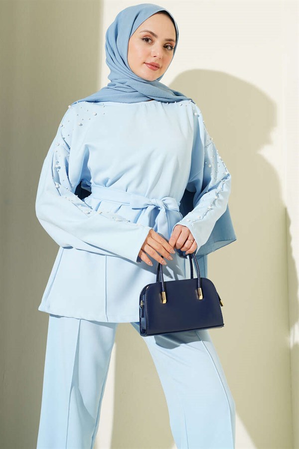 Pearl Detail Belted 2 Piece Set, Blue