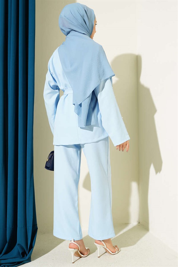 Pearl Detail Belted 2 Piece Set, Blue
