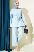 Pearl Detail Belted 2 Piece Set, Blue