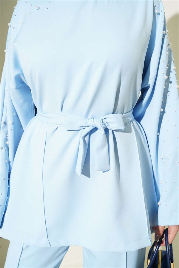 Pearl Detail Belted 2 Piece Set, Blue