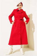 Pearl Detailed Belted Cashmere Coat Red