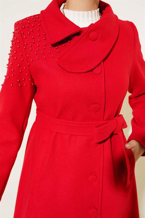 Pearl Detailed Belted Cashmere Coat Red