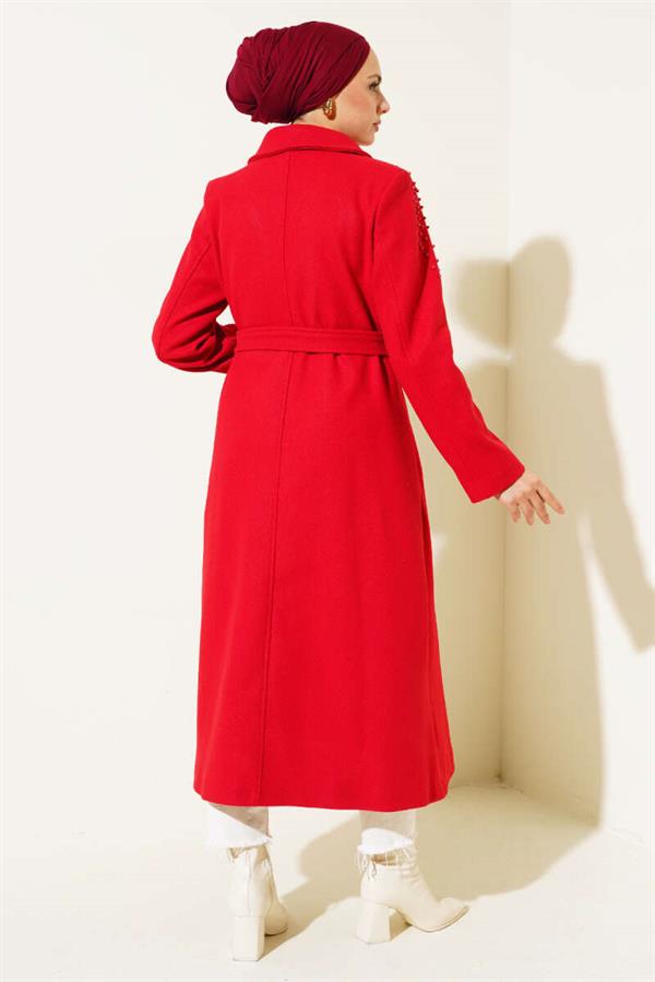 Pearl Detailed Belted Cashmere Coat Red