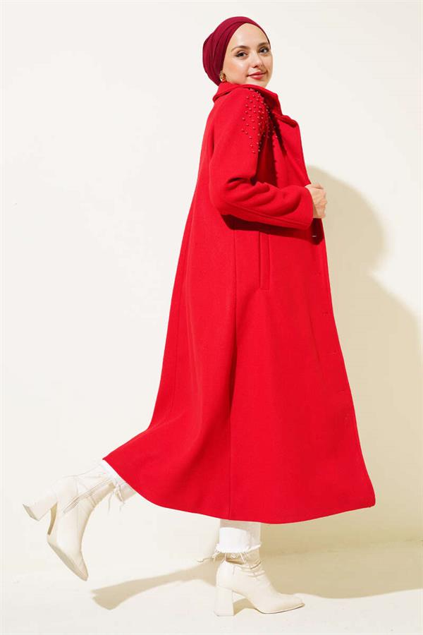 Pearl Detailed Belted Cashmere Coat Red