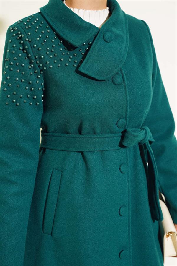 Pearl Detailed Belted Cashmere Coat Emerald