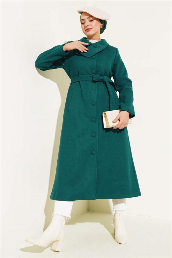 Pearl Detailed Belted Cashmere Coat Emerald
