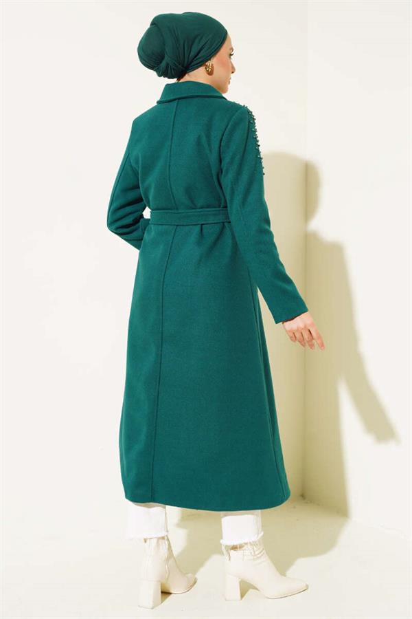 Pearl Detailed Belted Cashmere Coat Emerald