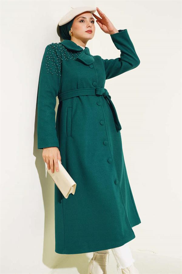 Pearl Detailed Belted Cashmere Coat Emerald
