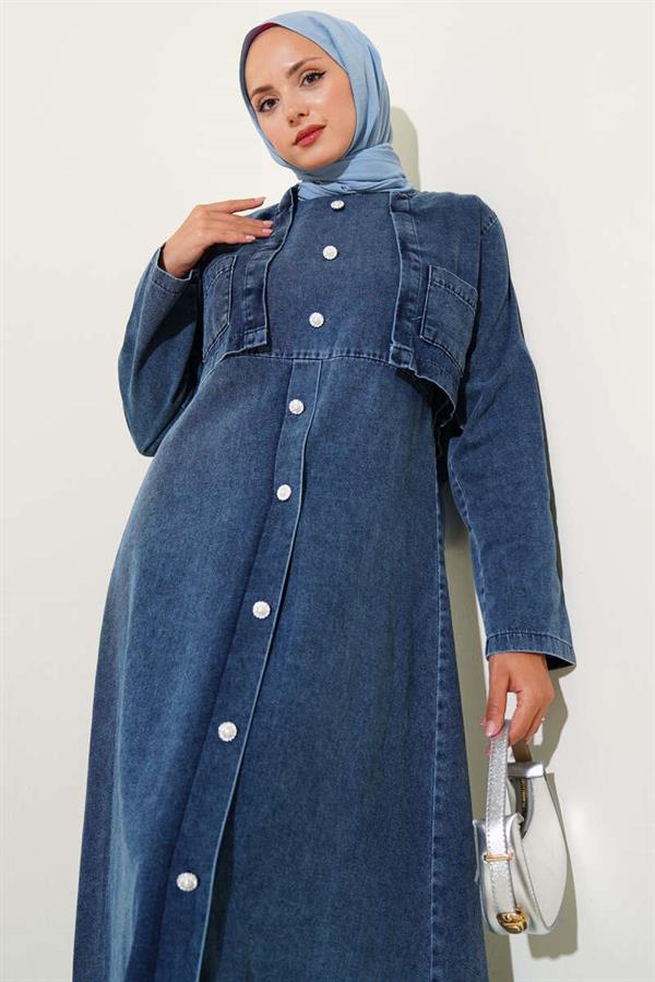 Pearl Button Detailed Denim Vest 2 Piece Set Dark Blue