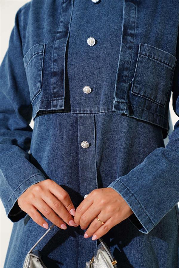 Pearl Button Detailed Denim Vest 2 Piece Set Dark Blue