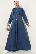 Pearl Button Detailed Denim Vest 2 Piece Set Dark Blue