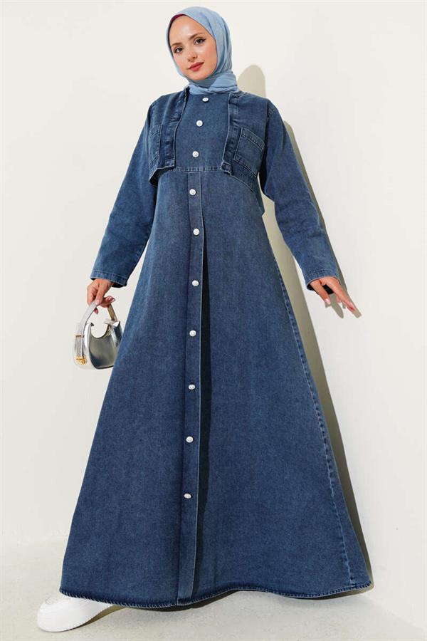 Pearl Button Detailed Denim Vest 2 Piece Set Dark Blue